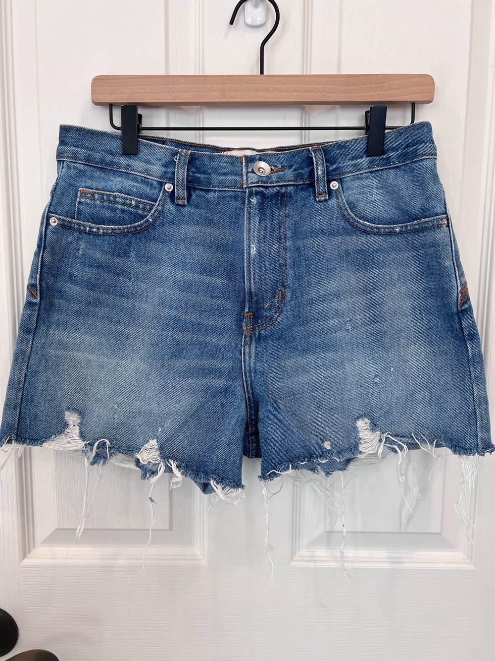 BDG Distressed High-Rise Denim Shorts - Medium Blue